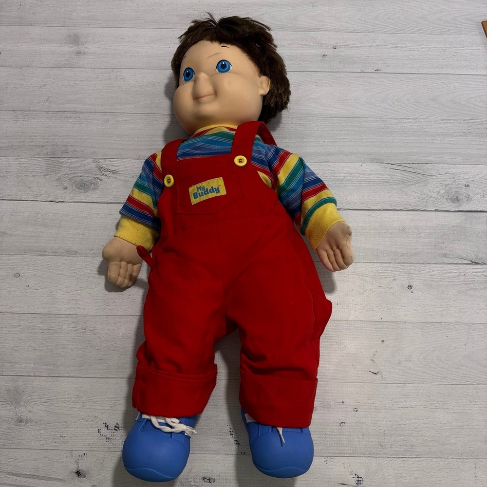 Vintage MY BUDDY Boy Doll red overalls rainbow shirt blue shoes